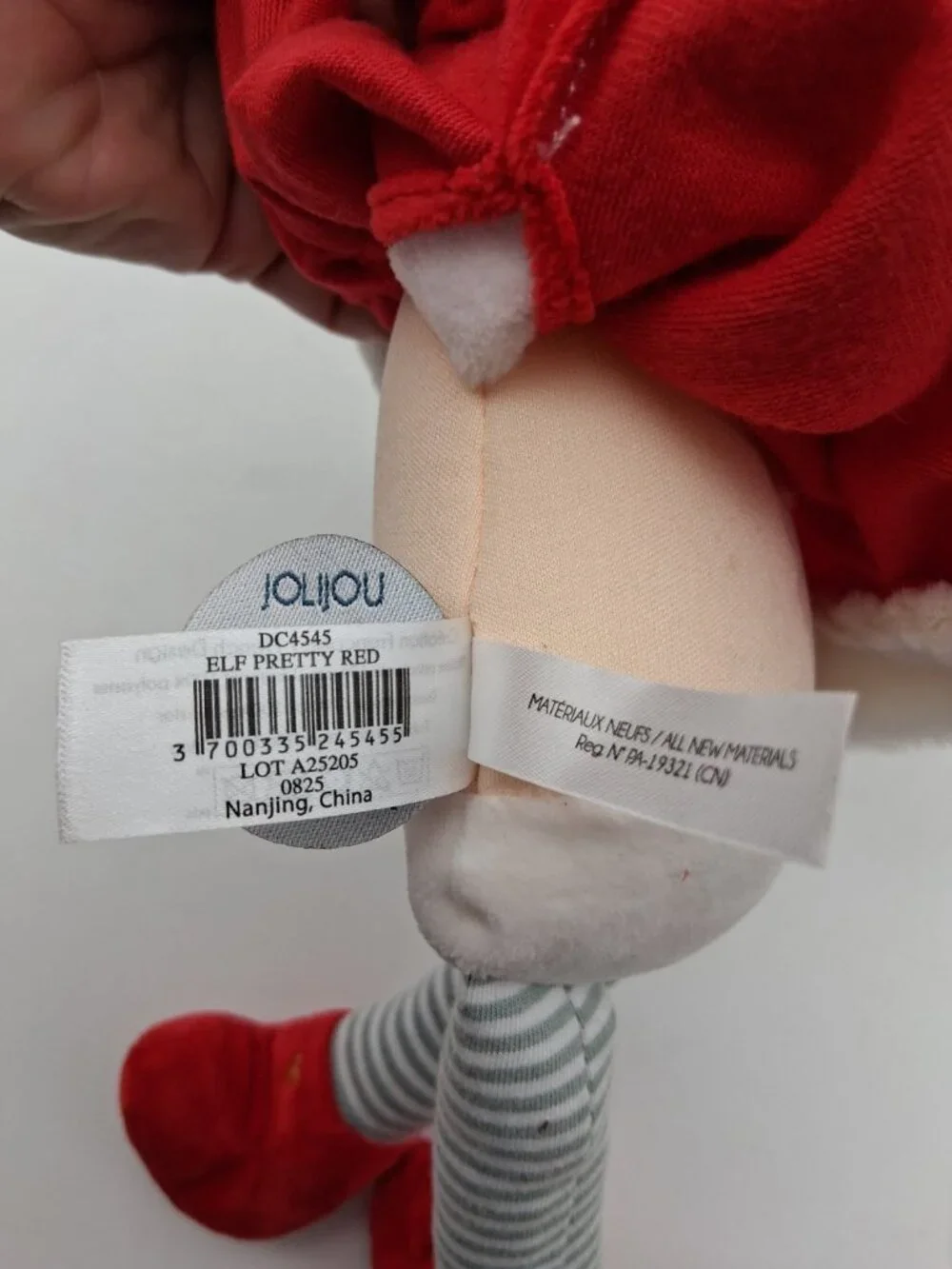 JoLiJou Paris Elf Pretty Red Doll 12” Curly Brunette Plush Red Santa Outfit